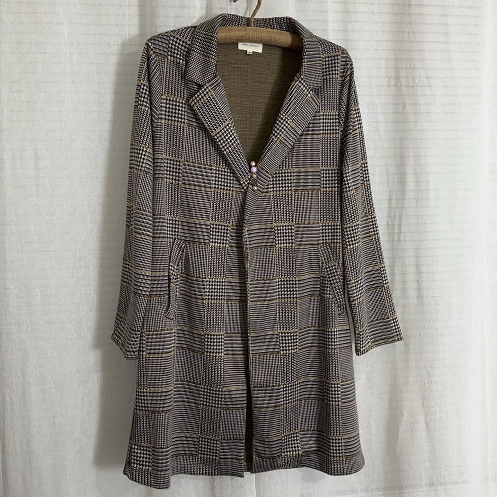 MELLODAY L Brown Ivory Gold Houndstooth Plaid Knit Overcoat Jacket